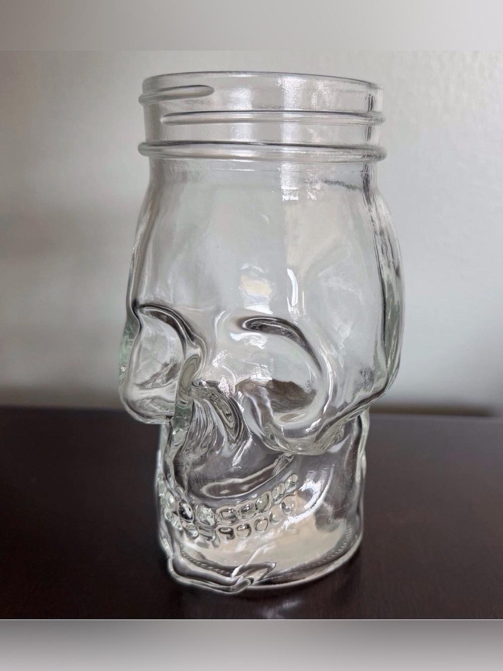 Skull shaped clear glass drinking mason jar no lid Halloween theme